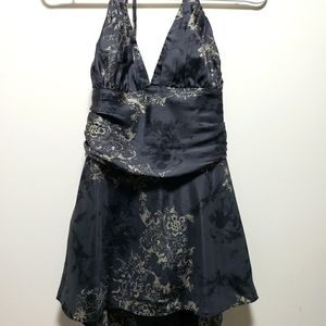 Expression Design Studio Silk Boho Side Zip Grey Gold Tie Neck Chest Pleats